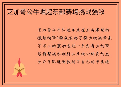 芝加哥公牛崛起东部赛场挑战强敌