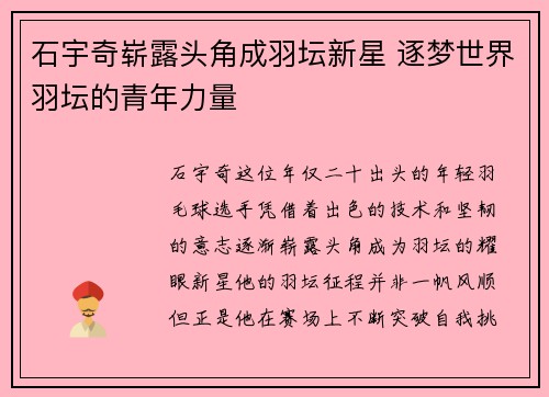 石宇奇崭露头角成羽坛新星 逐梦世界羽坛的青年力量