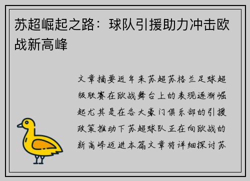 苏超崛起之路：球队引援助力冲击欧战新高峰